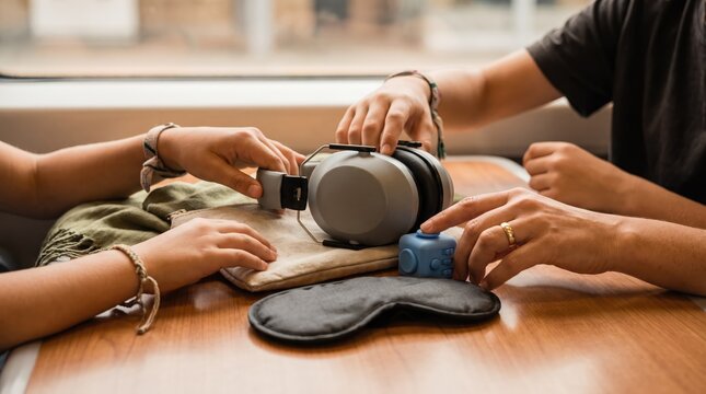 Hands arrange sleep mask and earplugs on wooden table