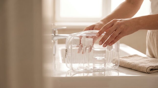 Person organizes travel essentials beside bathroom sink