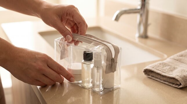 Bathroom scene with hands arranging travel-sized toiletries in clear bag beside
