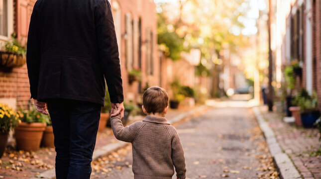 heartwarming back view of parent and child holding hands walking down a peaceful residential alley in soft natural light perfect for family and love concepts