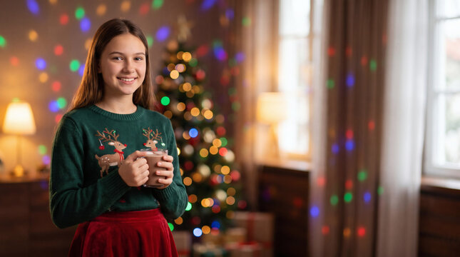 beautiful teenage girl in festive christmas outfit at holiday party with colorful disco lights warm bokeh background professional photography with copy space for advertising