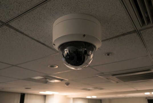 Low angle wide shot of a dome security camera mounted on a commercial building ceiling