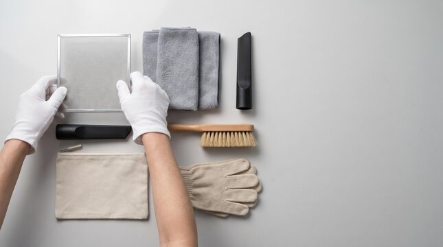 Cleaner's hands prepare tools for glass surface