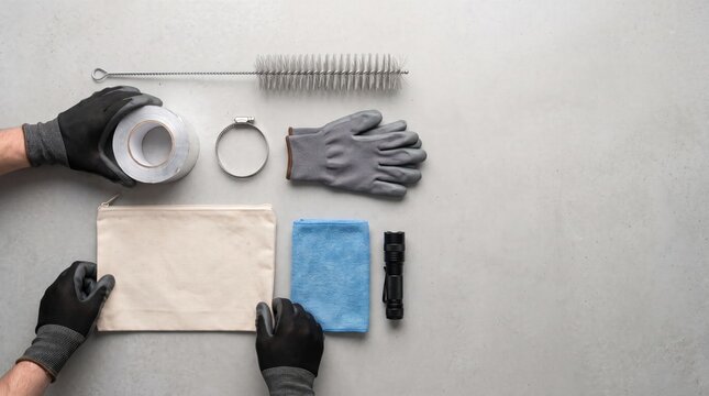 Gloved hands hold various cleaning tools against gray background