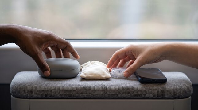 Two hands interact with everyday items near window