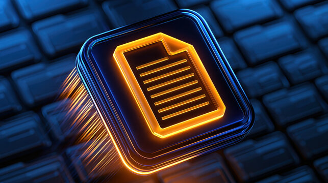 Glowing document icon on dark blue background, digital file concept with neon light and modern 3d render