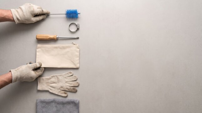 Clean tools and gloves arranged neatly for maintenance or cleaning purposes