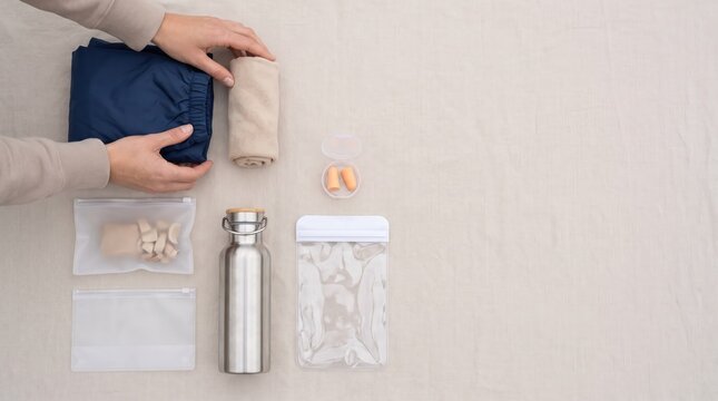 Flat-lay composition of practical travel gear laid out for easy viewing