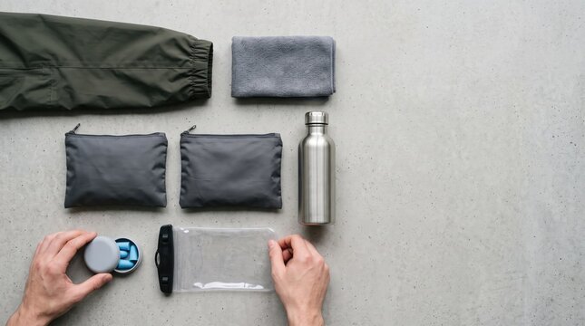 Flat lay of hands preparing travel essentials on gray surface