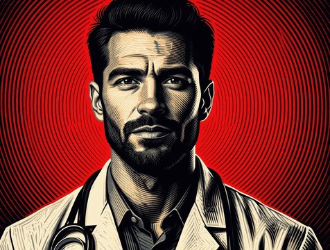 Man doctor portrait linocut style. Professional physician wears lab coat and stethoscope. Graphic art with bold lines and red background pattern. Medical professional focused intense gaze.