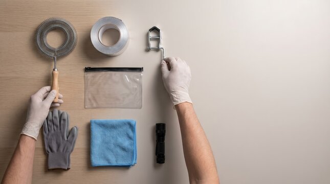 Clean workspace with gloves, cloth, and tools arranged neatly