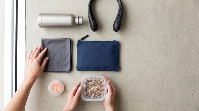 Top-down view of hands preparing food