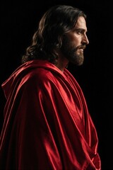 Fototapeta premium Portrait of Jesus Christ wearing bright red robe. Bearded man with long wavy hair looks aside against black background. Christian savior lord messiah representing divine king, holy spirit, religious