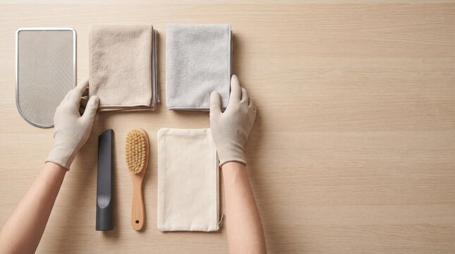 Top view of hands with gloves handling stone samples and tools on wood