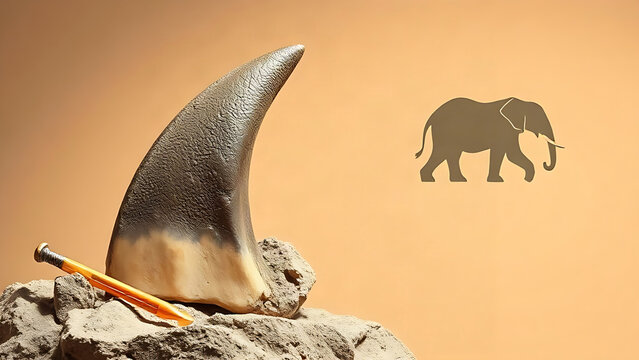 T. rex tooth fossil with elephant silhouette and thermometer, extinction and climate concept