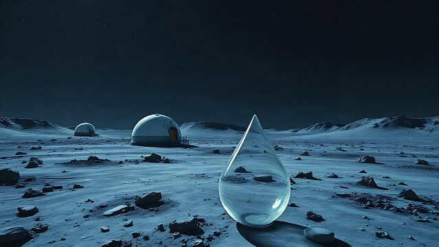 Lunar base habitat domes on moon surface, scarce water resource concept