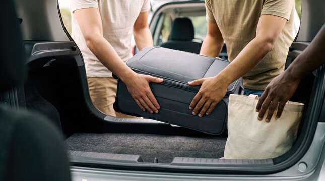 Two individuals load a sizable, patterned package into a vehicle's cargo area