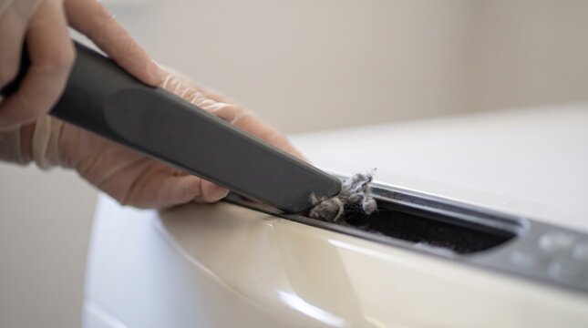 Gloved hand scrapes debris from a car's crevice