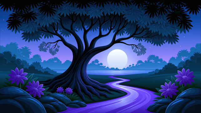 Grand tree exposed root winding river moonlit landscape violet sky purple flower forest scene serene night silhouetted foliage broadleaf tree