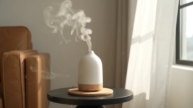 Modern White Ceramic Essential Oil Diffuser with Steam in Bright Minimalist Living Room