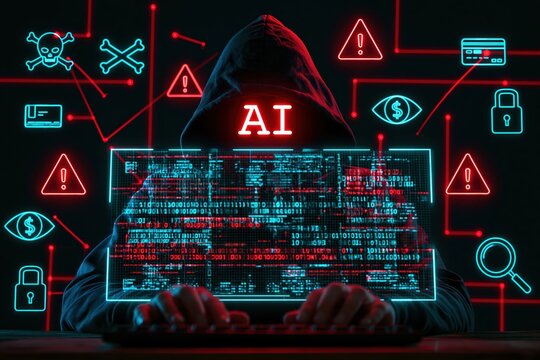 Hacker using futuristic ai technology for a cybersecurity threat with digital data network on a dark neon background