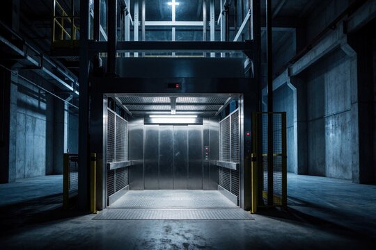 Empty industrial freight elevator waits inside dark factory building. Metallic cargo lift platform with steel doors and safety cages is ready for goods transportation.