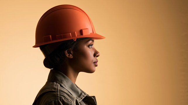 Female industrial worker wearing orange hard hat in profile with focused expression against warm studio background
