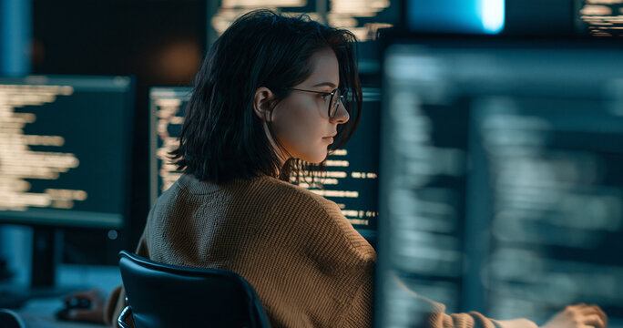 Rear view of female programmer coding on multiple monitors in dark office