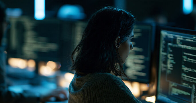 Rear view of female programmer coding on multiple monitors in dark office