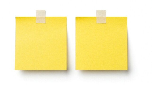 Two yellow sticky notes attached with beige tape on white background. Blank square memo pads provide empty space for text message. Simple office stationery for reminder, task management, planning,