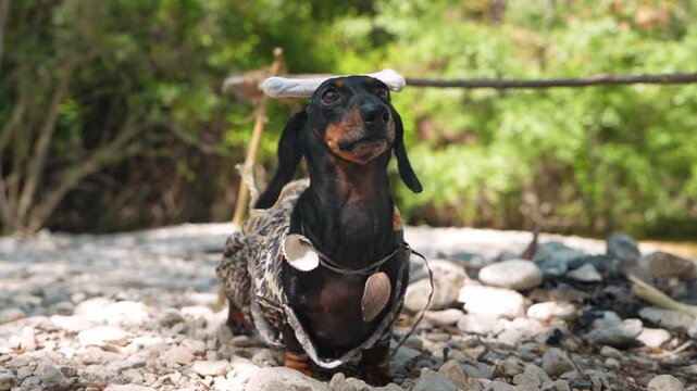 A black and tan dachshund dog wears a leopard print costume with shell necklace and balances a bone on its head on a pebble riverbank, a funny prehistoric costume concept.