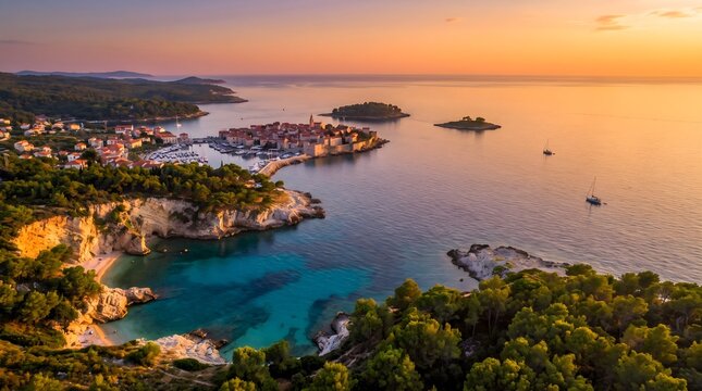 Aerial view of Primosten town on the Adriatic coast in Croatia during a beautiful sunset.