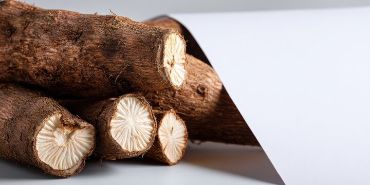 Close up of freshly cut cassava root with brown outer layer and white interior on a clean surface
