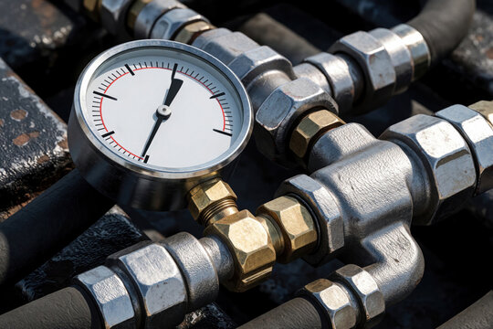 Pressure gauge attached to hydraulic pipes measures system fluid level. Industrial machinery components connect hoses and metal fittings for optimal function.