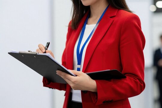Professional woman in red blazer holds clipboard, pen at business expo. Female event hostess manages registration guest list at corporate conference. Organizer works at exhibition stand with lanyard,