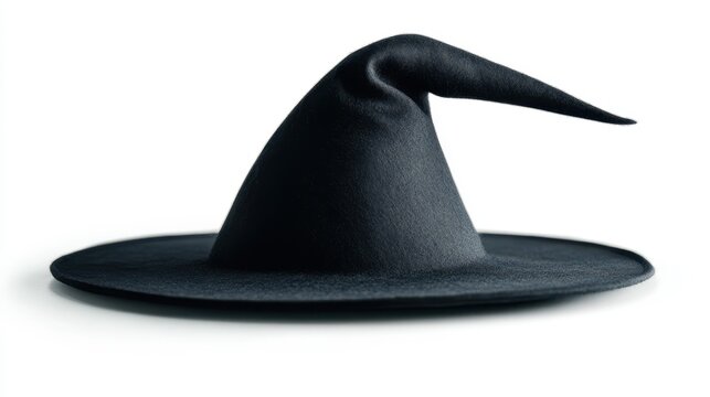 A black pointed witch's hat with a wide brim and a slightly bent tip against a white background.
