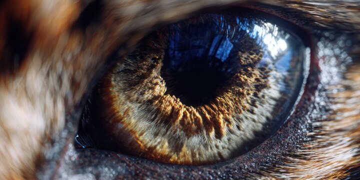 Close up of animal eye with detailed iris and reflective light ideal for design