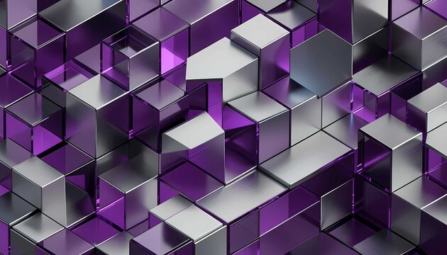 Futuristic 3D render of silver metallic blocks and illuminated violet crystal structures