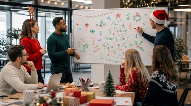 Colleagues Drawing Christmas Tree on Whiteboard at Office Party