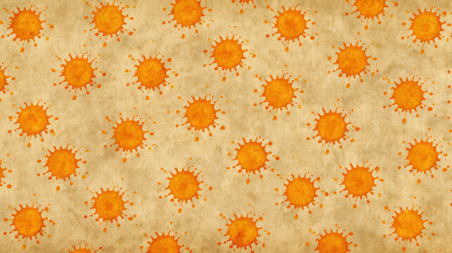 Abstract watercolor splotch pattern on beige canvas with orange sunburst shape, warm textured background for decorative design