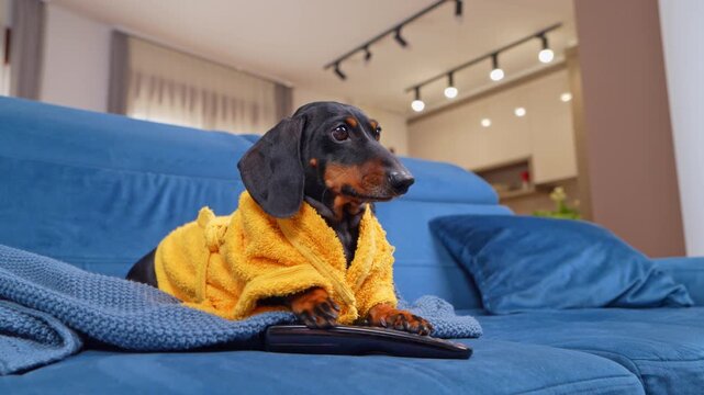 A black and tan dachshund dog wrapped in a yellow bathrobe rests a paw on a remote control while binge watching from a blue couch at home, a concept of screen addiction.