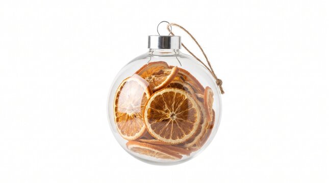 Clear bauble filled with dried orange slices on white background