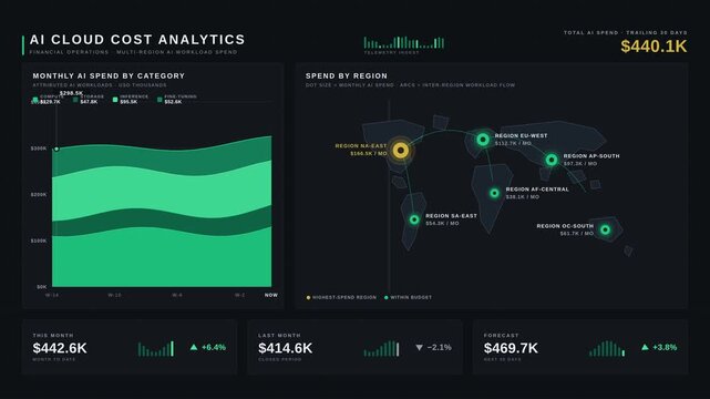Digital cloud cost analytics dashboard displaying financial data visualization