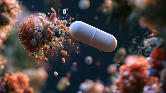 This scene depicts the diverse developing child microbiome being disturbed by antibiotic use, highlighting the loss of microbial diversity.