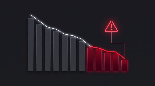 Financial Crisis and Stock Market Crash Concept with Declining Bar Graph and Red Warning Icon on Dark Background