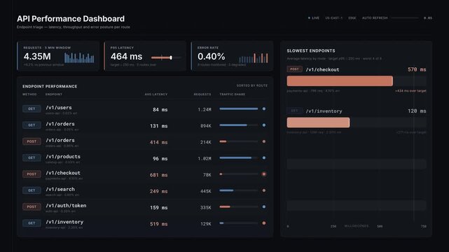 API performance dashboard interface displaying server metrics and latency data