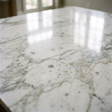Close up of a polished white marble countertop with grey and gold veining