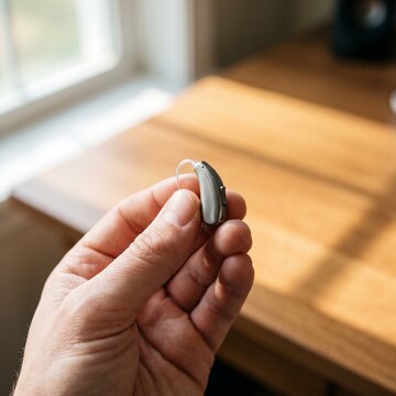 Person holding a small digital hearing aid device in their hand