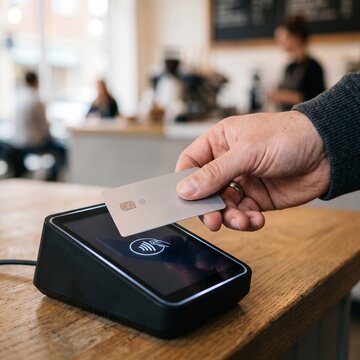 Person tapping a credit card on a contactless payment terminal in a cafe