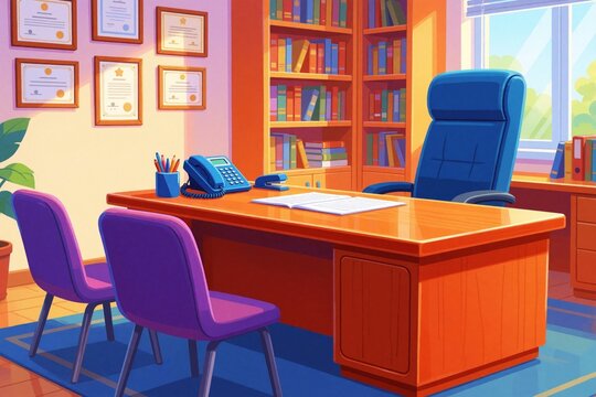 School principal office scene with large desk, blue executive chair, and visitor chairs. Bookshelves filled with books, diplomas on wall create academic atmosphere. Empty room ready for meeting.